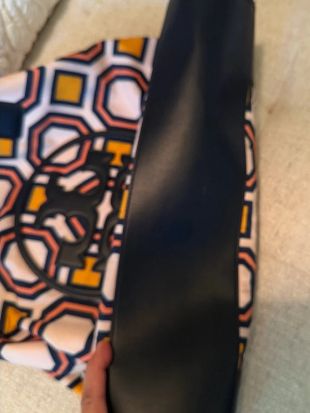 Tory Burch Ella Tote. Pink, Navy & Yellow Geometric Logo Tote